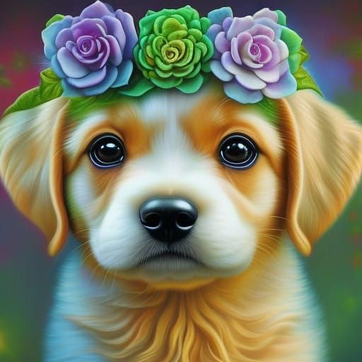Dog with Flower Crown in Hyperreal Digital Art