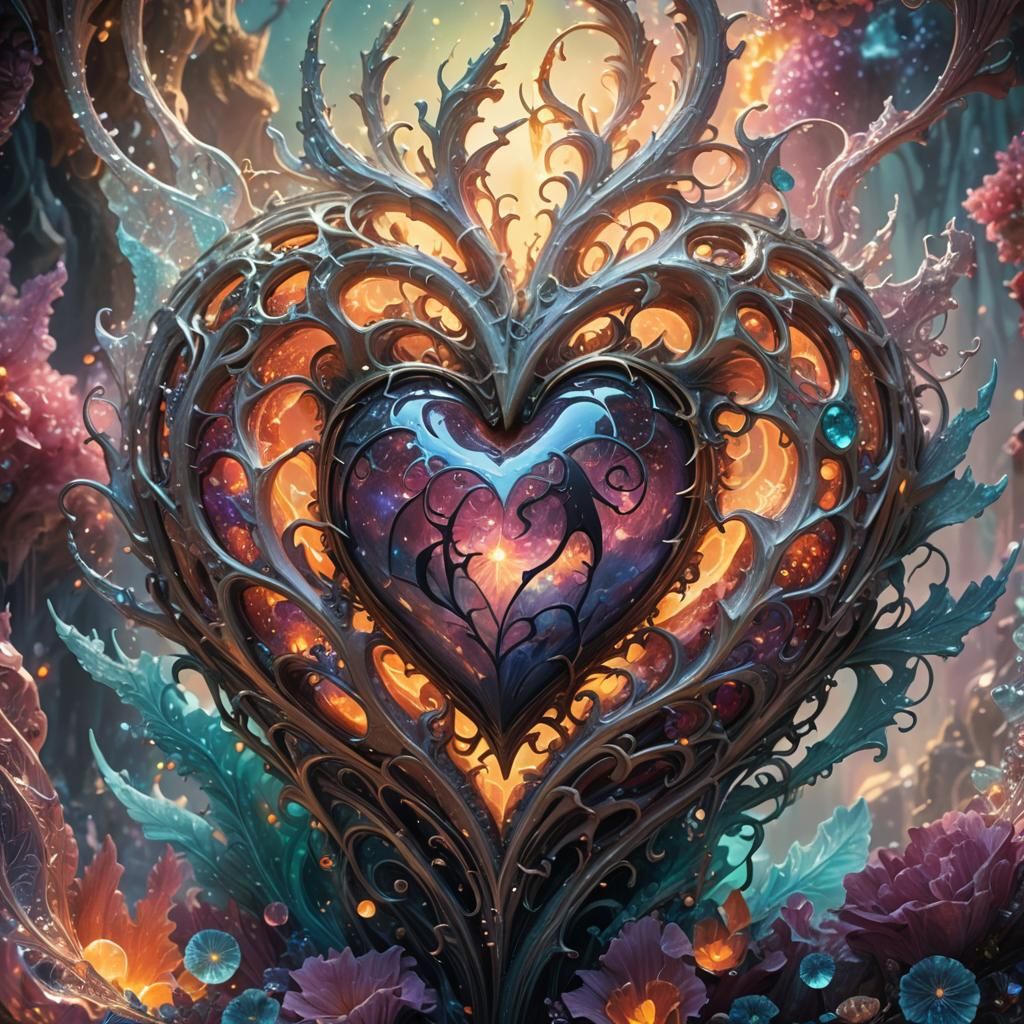 Mystical Crystalline Heart in Dreamlike Landscape