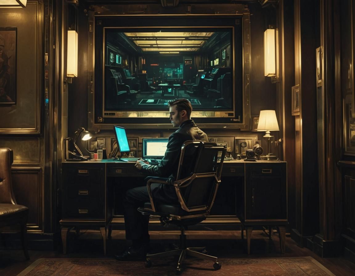 Cyberpunk Trader Portrait in Neon Lit Interior