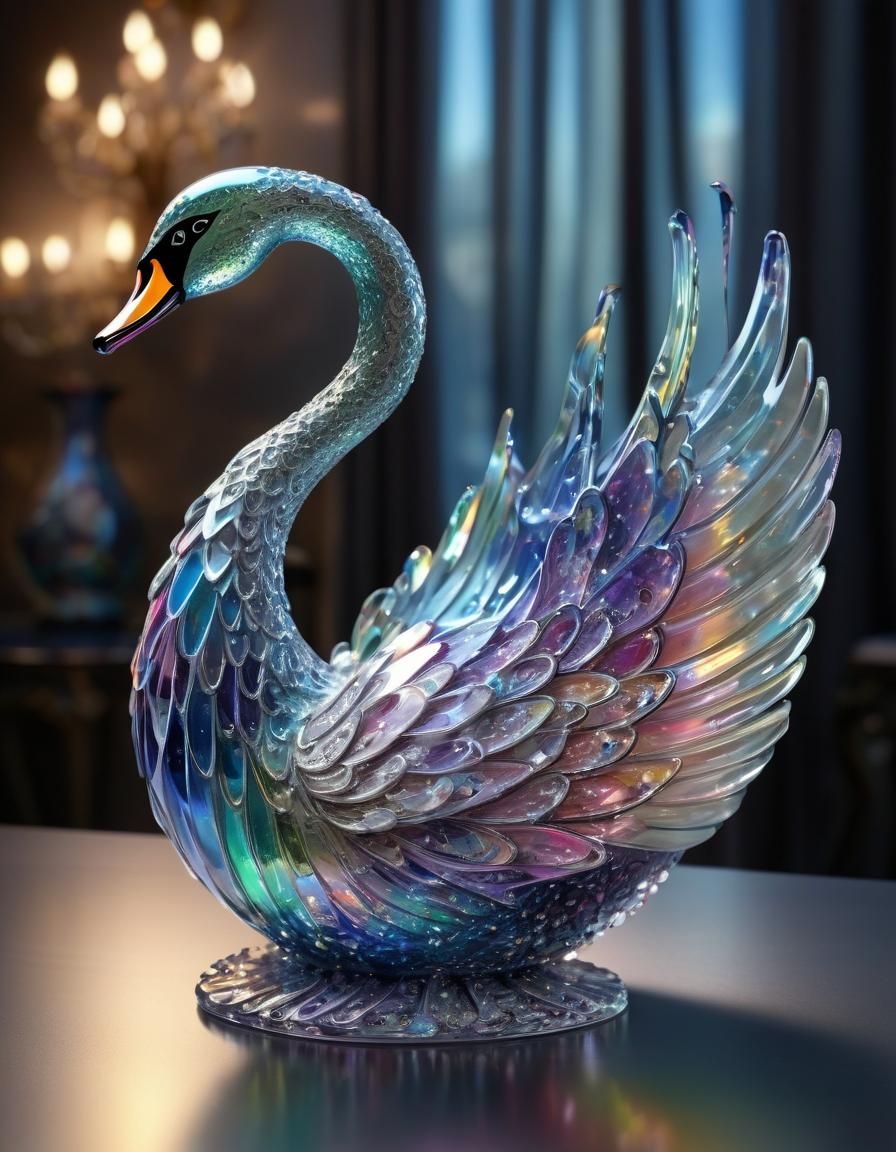Iridescent Crystal Swan: Enameled Glass Sculpture