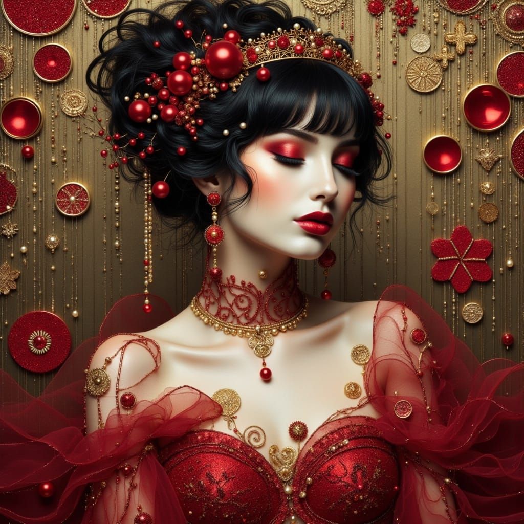 Regal Punk Goddess in Elegant Dark Red Gold Attire
