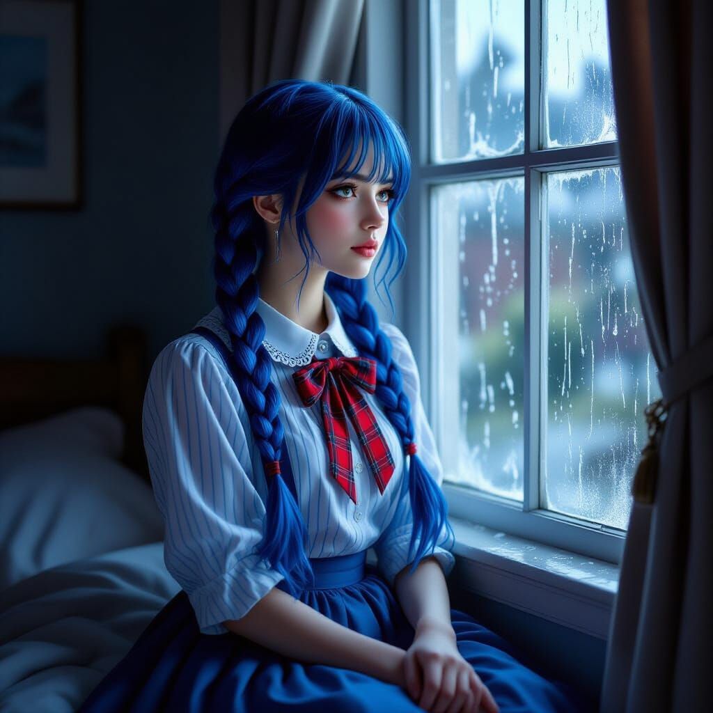 Young Woman with Blue Hair Gazes Out Window