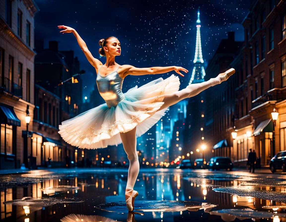 Elegant Ballerina Dancing in City Lights Reflection