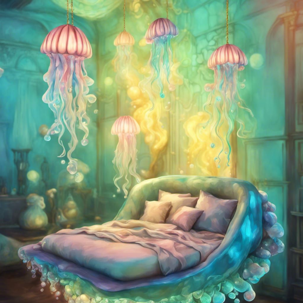 Underwater Bedroom with Bioluminescent Jellyfish Chandelier
