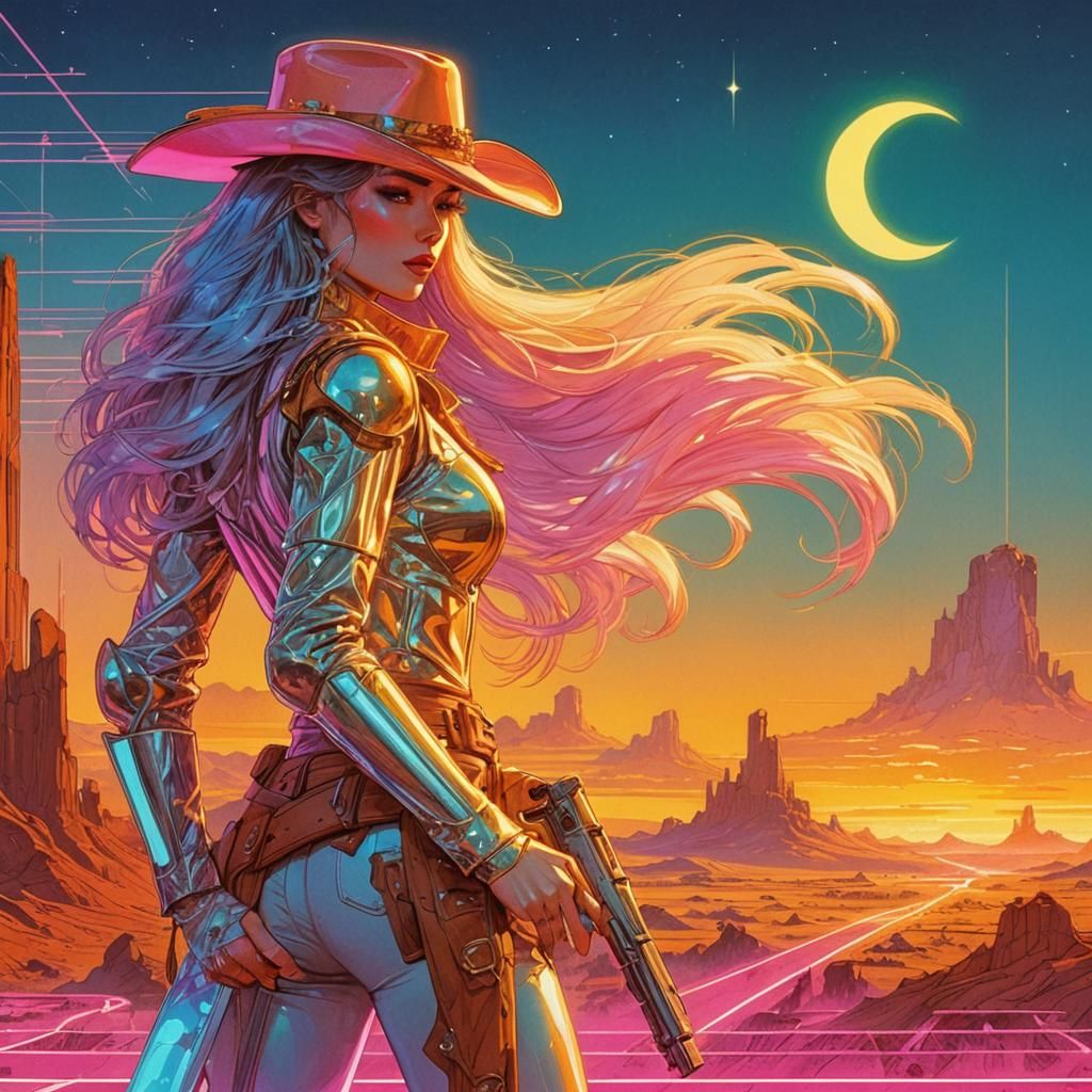 Retro Sci-Fi Cowgirl in Neon Old West Landscape