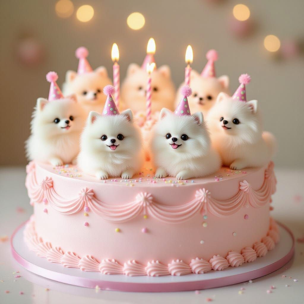 Pink Birthday Cake With Adorable Pomeranians in Party Hats