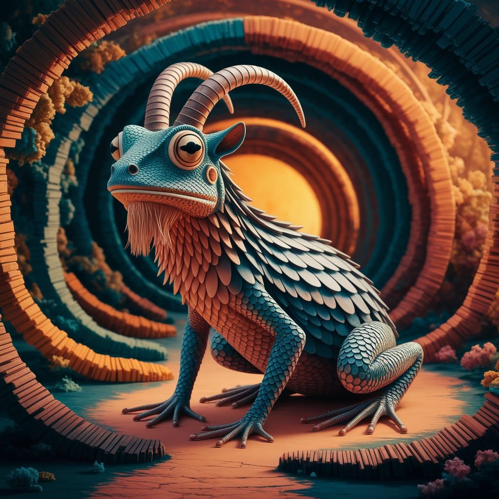 Surreal Wooden Bridge Landscape with Majestic Goat Frog