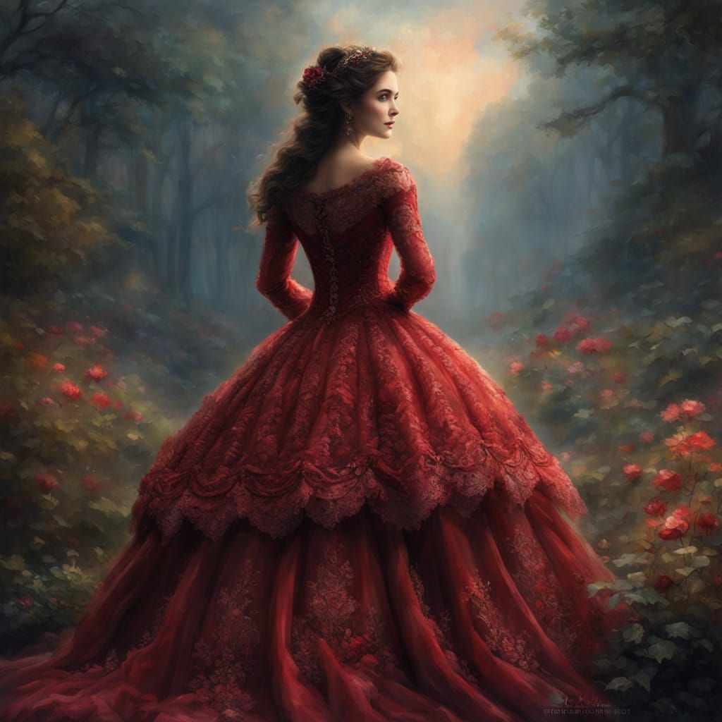 Victorian Lady in Enchanted Red Gown Amidst Ethereal Mist