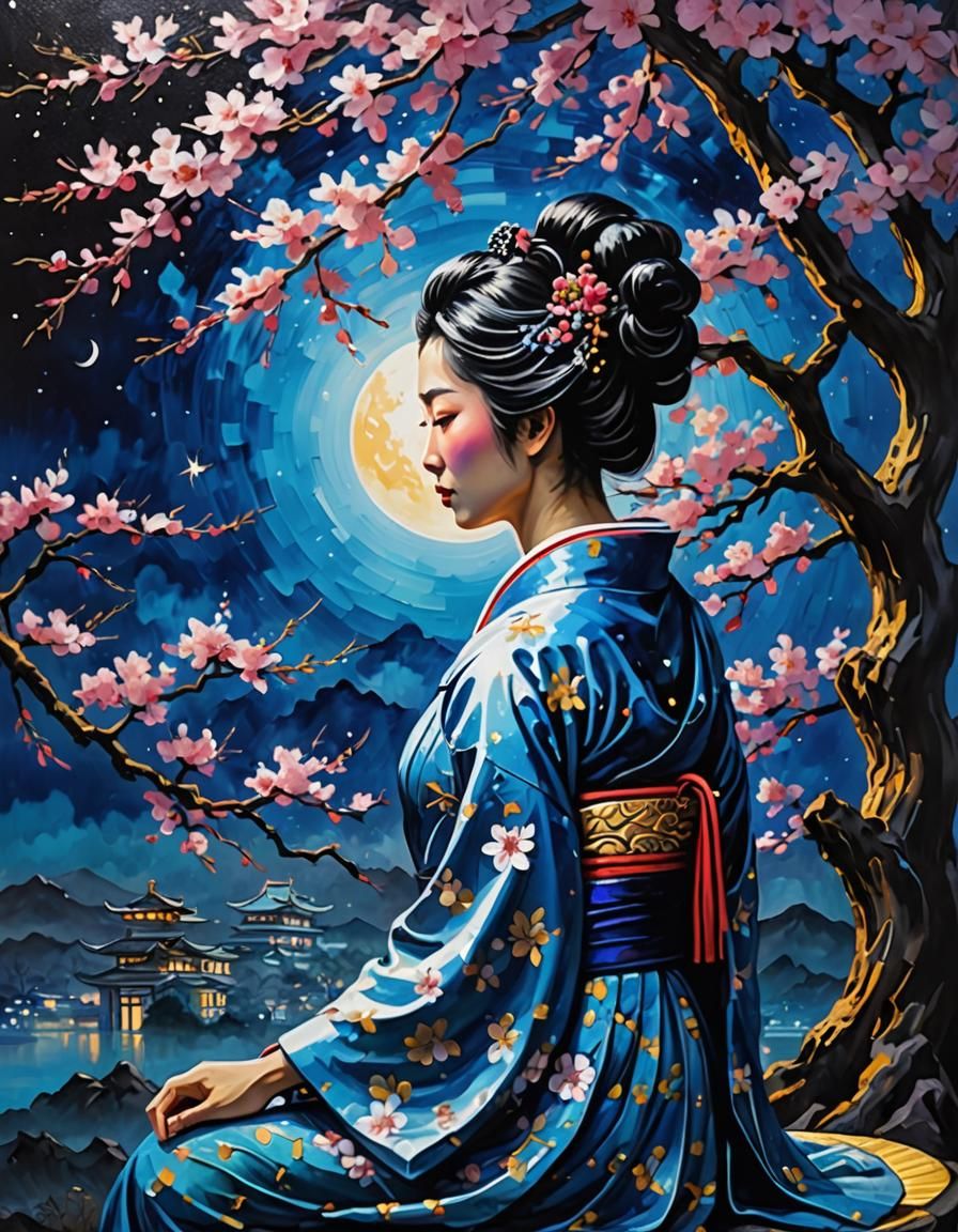 Geisha Meditating Under Sakura Tree: Impasto Oil Painting