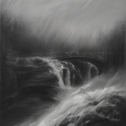 Mysterious Waterfall Encounter in Charcoal Drawing