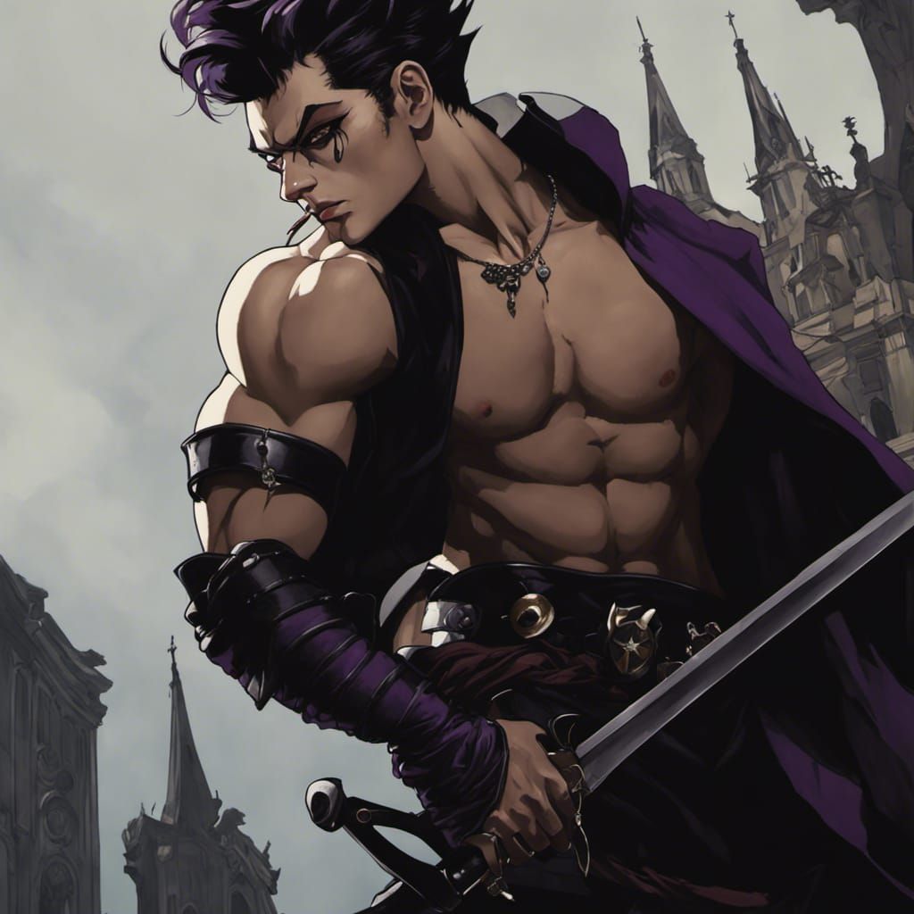 Gothic Warrior with Purple Eyes in Acrylic Painting Style