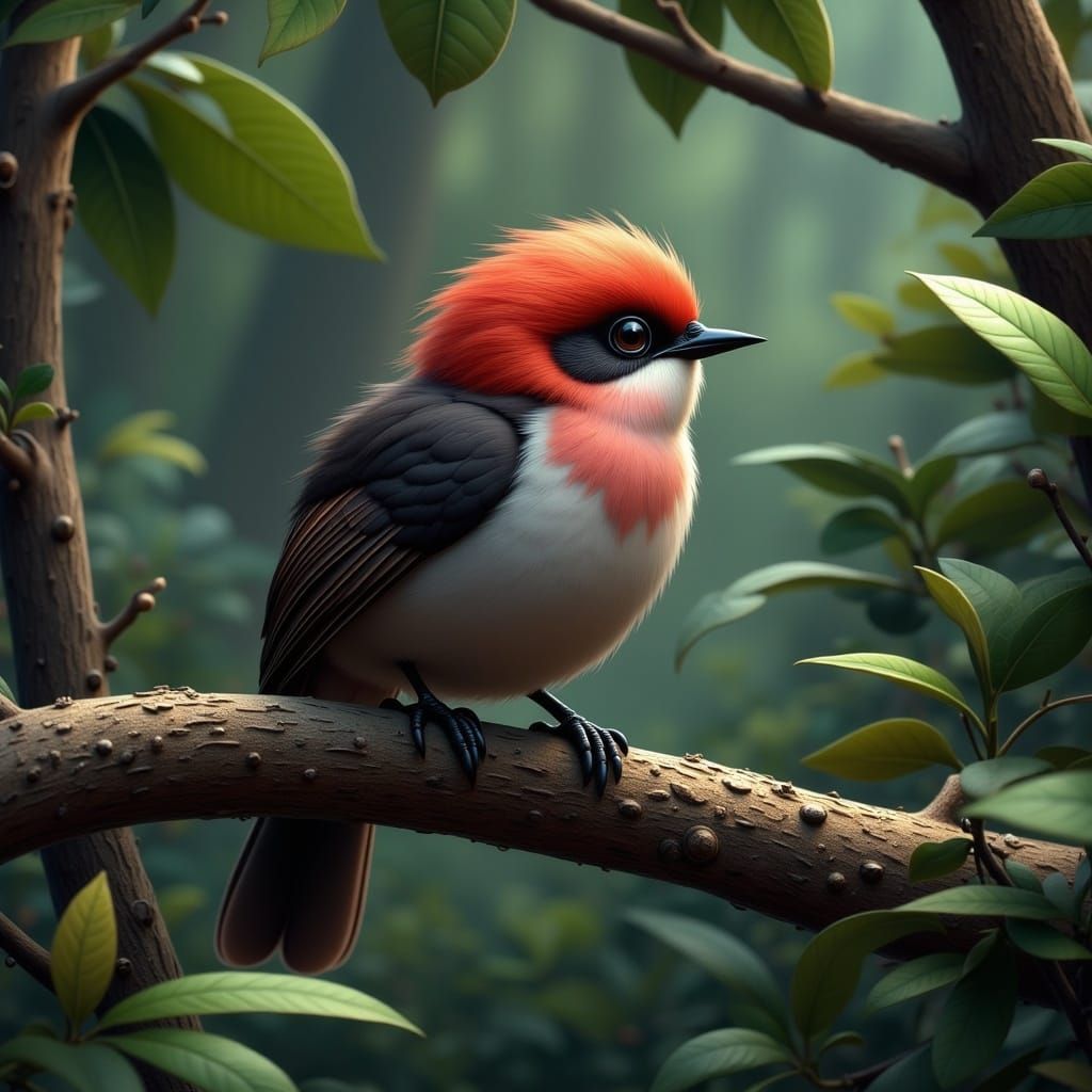 Ultra Cute Red-Headed Manakin Bird in Whimsical Forest Scene