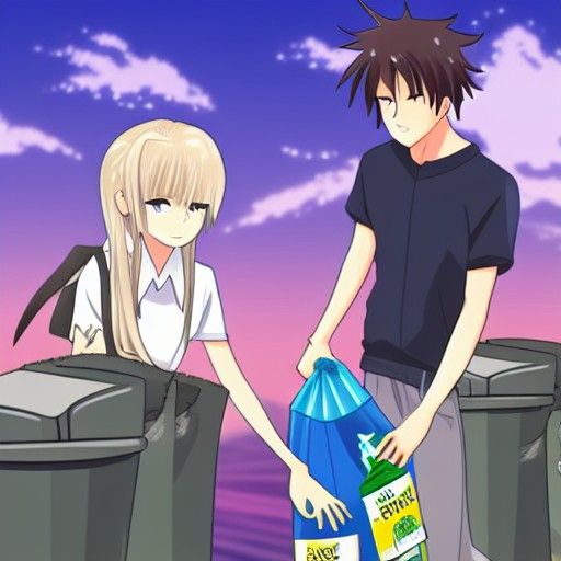 Anime Characters Collecting Trash in Romance Style
