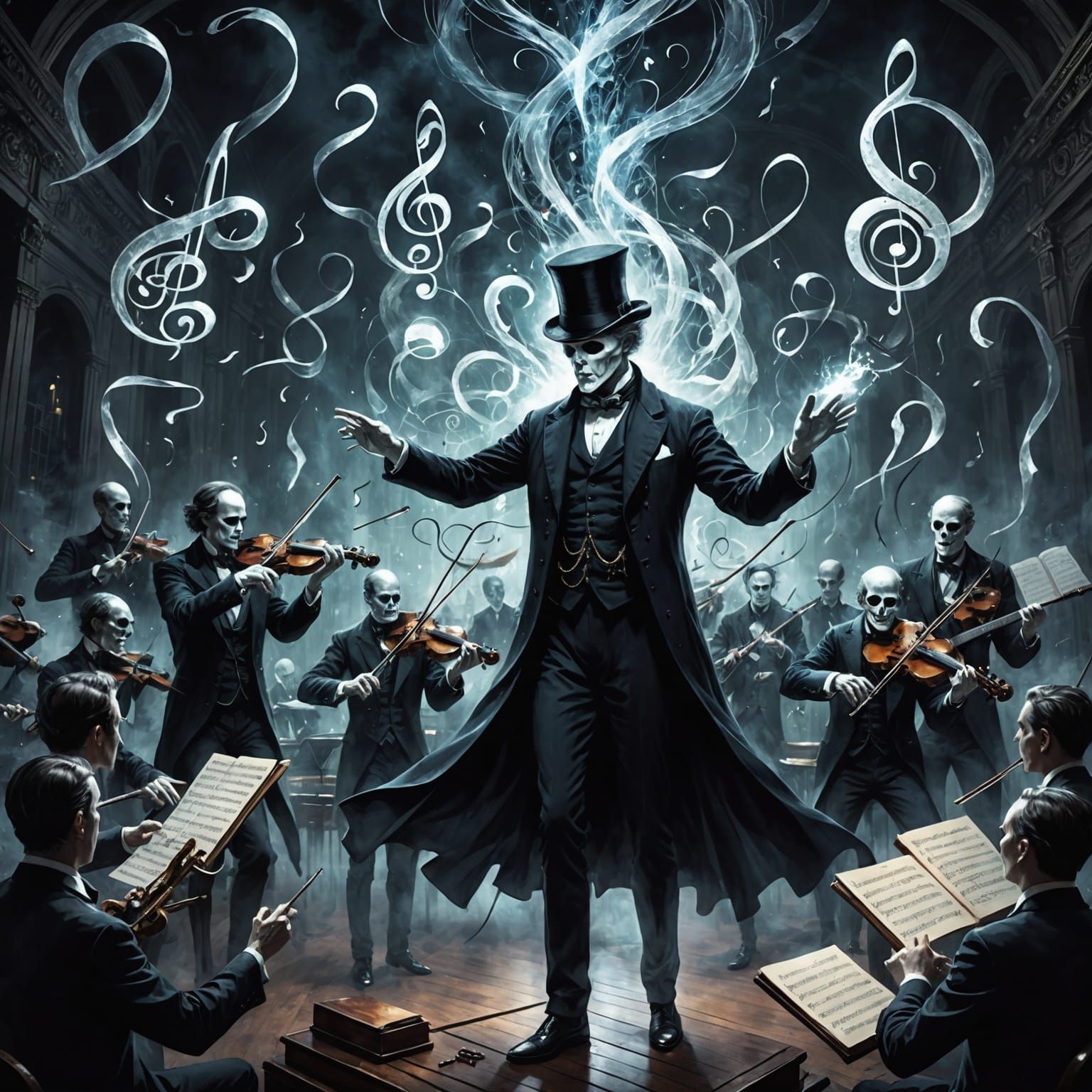 Ethereal Conductor Leads Phantom Musicians in Elegant Harmon...