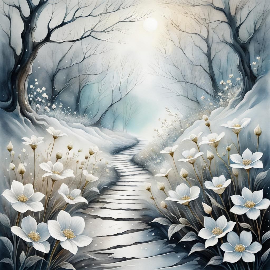 Delicate Flowers in Winter: Soft Crayon Art