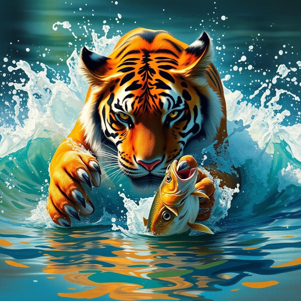 Tiger Leaping from River to Catch Fish: Digital Matte Painti...