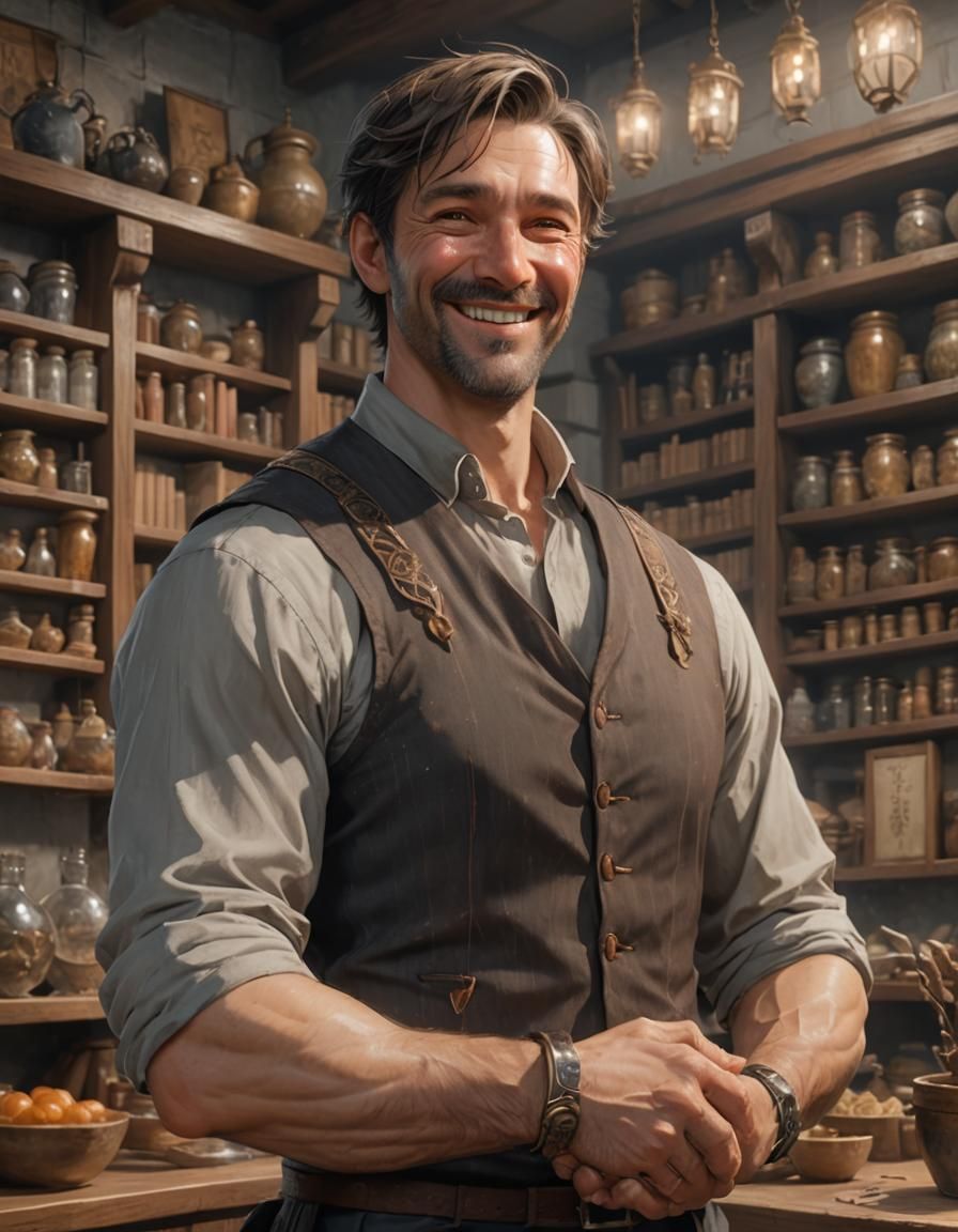 Man Smiles in Fantastical Magic Shop, Anime Art