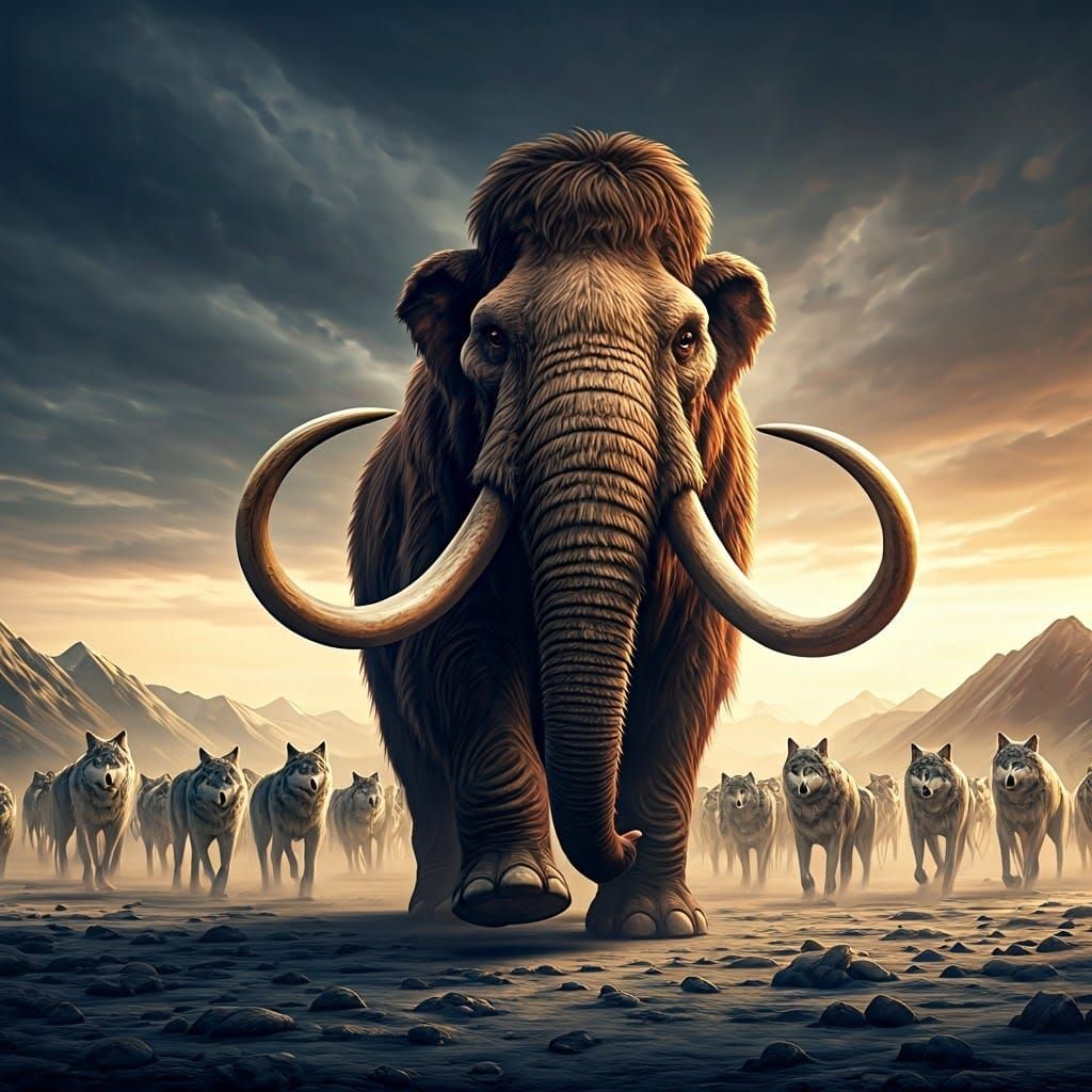 Epic Cinematic Shot of Dire Wolves Hunting Mammoth in Techni...