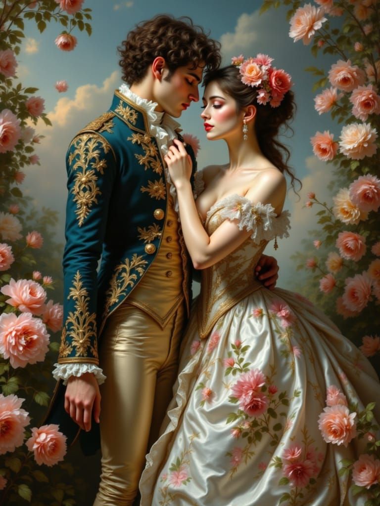 Ethereal Couple Embracing in a Whimsical Rococo Scene