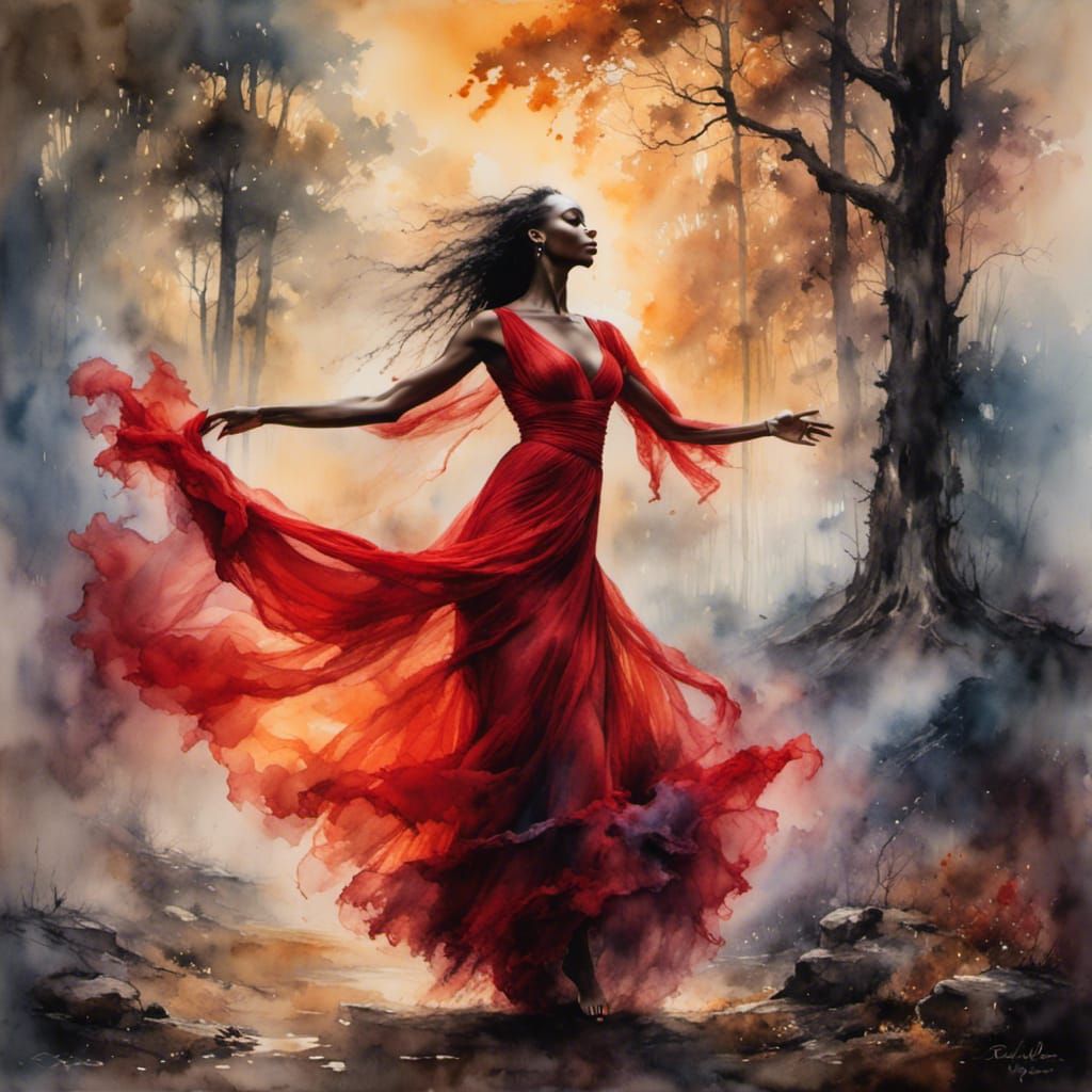 An ethereal woman dances amidst red smoke.