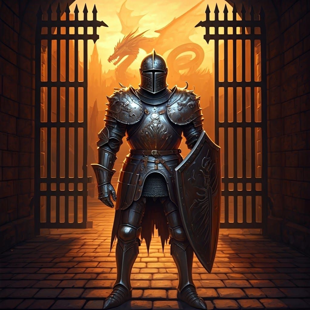 Gallant Knight and Dragon at Castle Gates