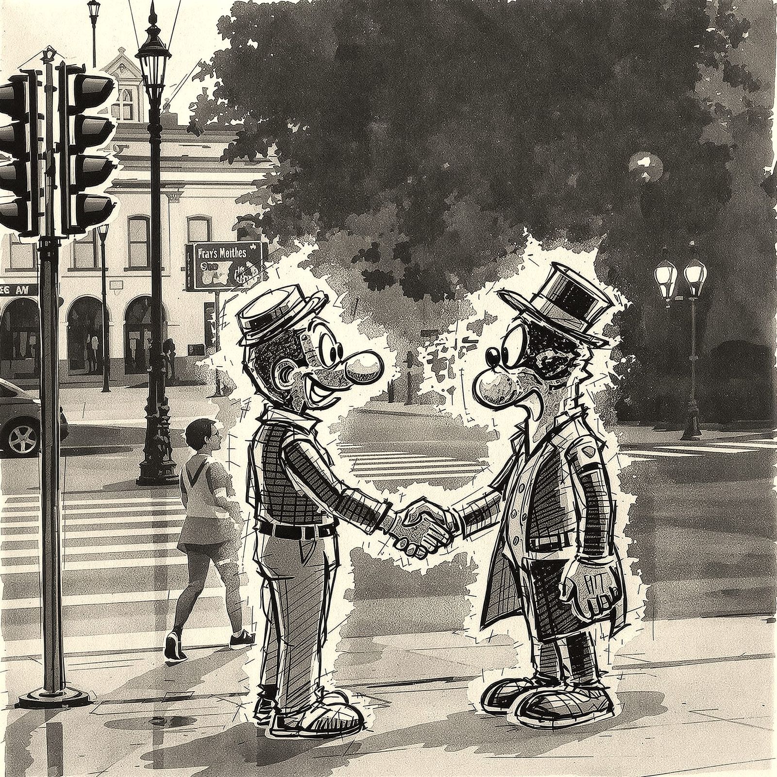 Man Shakes Hands with Melting Cartoon Character at City Inte...