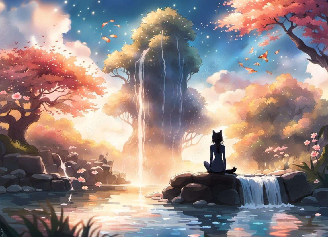 Ethereal Koi Pond with Cat Girl: Anime Concept Art