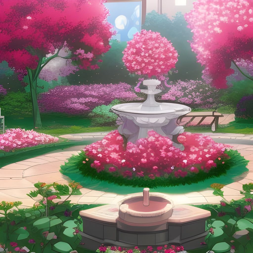 Anime Garden Scene with Roses and Fountain