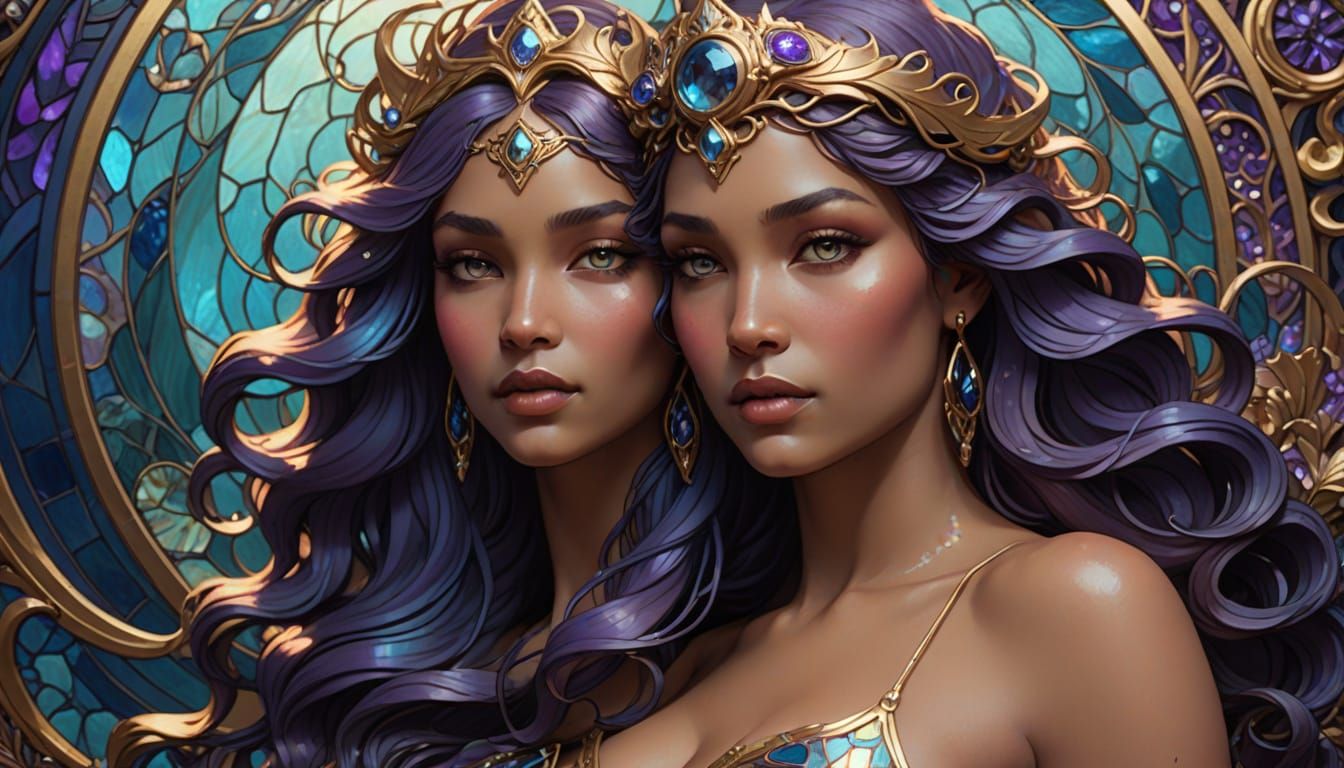 Ethereal art nouveau portrait of a mythical siren in mini bikini in the flowing curves of Alphonse Mucha'ssinuous elegan...