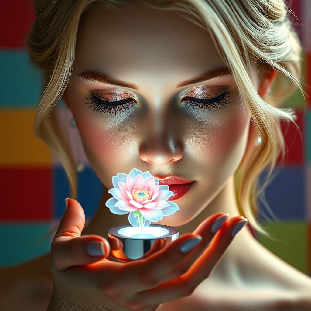 Serene Blonde Woman Contemplating Holographic Flower in Futu...