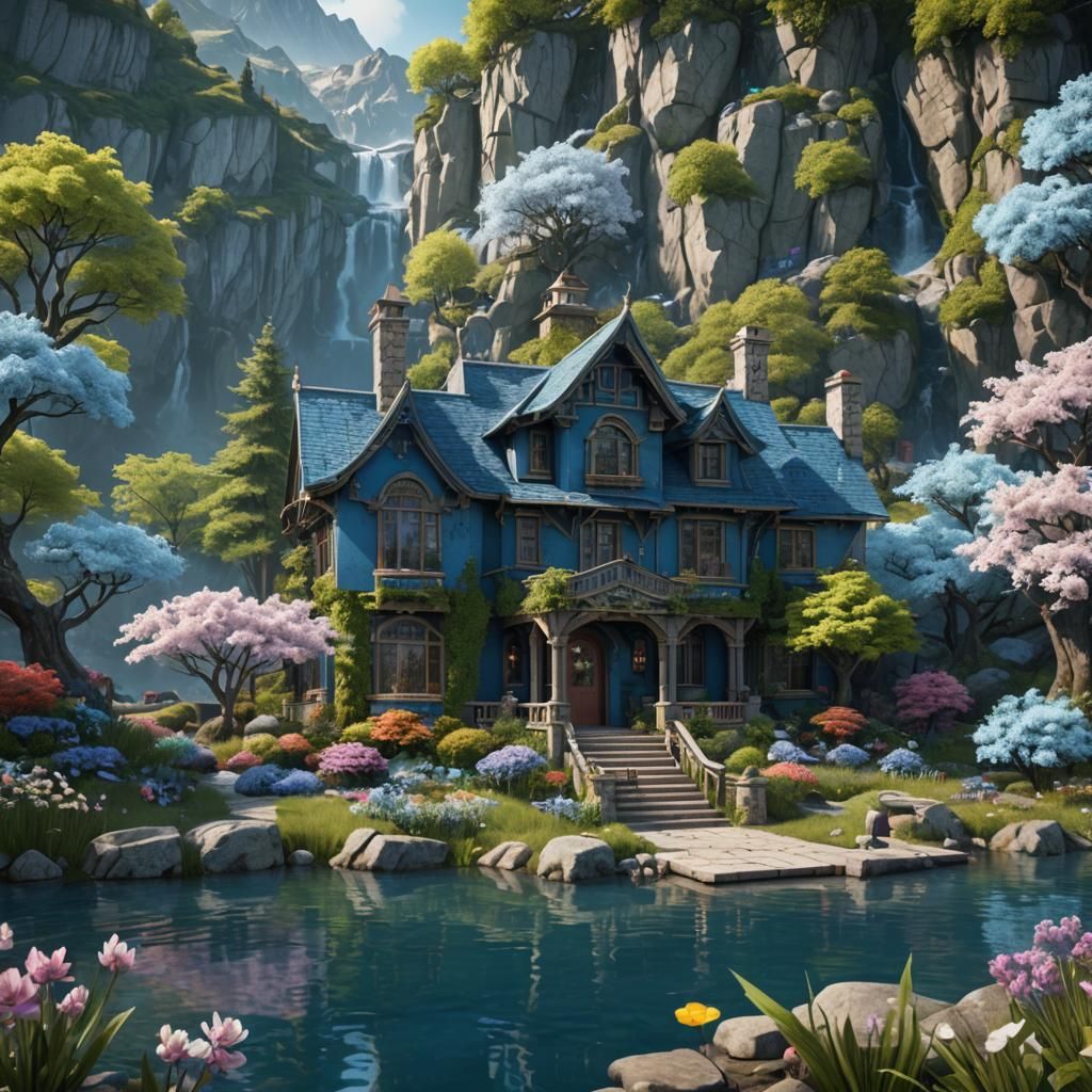 Blue Lakefront Home in Springtime Matte Painting