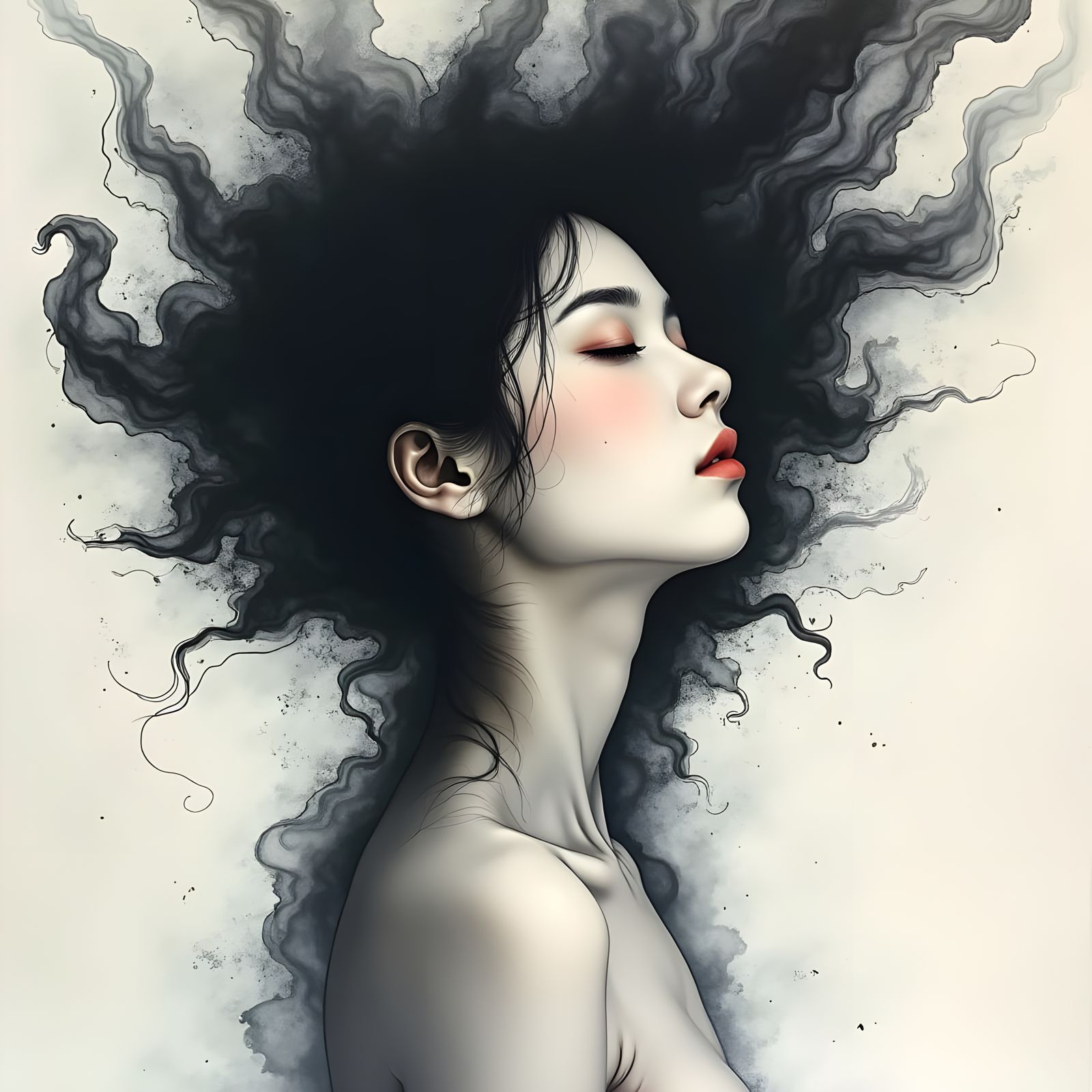 Serene East Asian Woman in Dreamlike Ink Portraiture