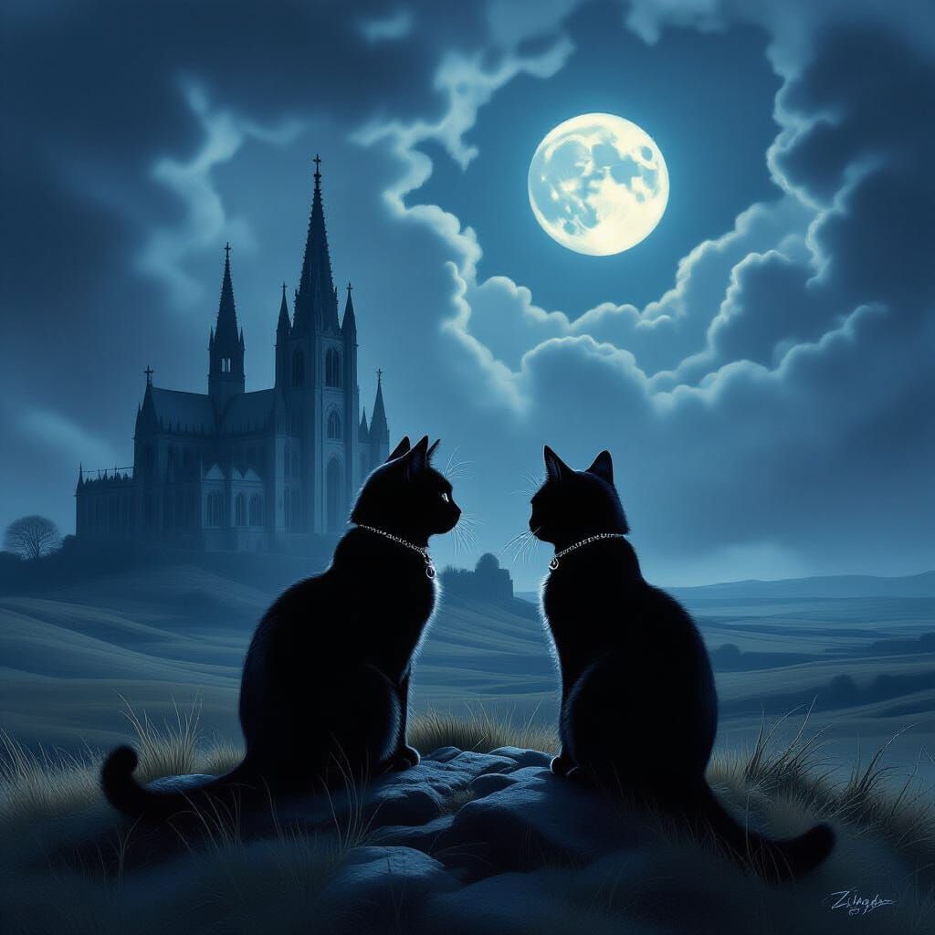 Gothic Cathedral Cat Under Moonlight