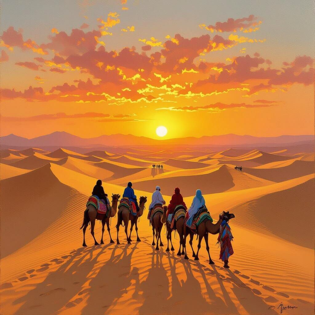 Moroccan Desert Caravan at Sunset Oil Painting