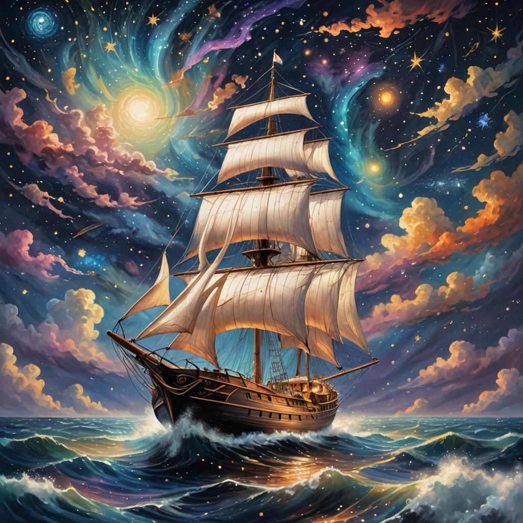 Sailboat Gliding Through Starry Night Sky in Oil Painting St...