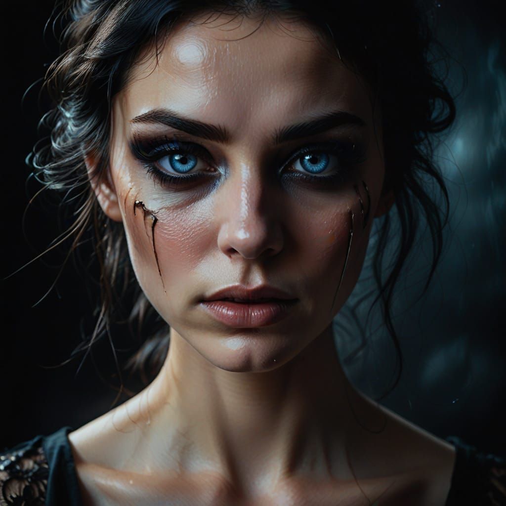 Teary Woman with Smudged Makeup in Dark Realism Style