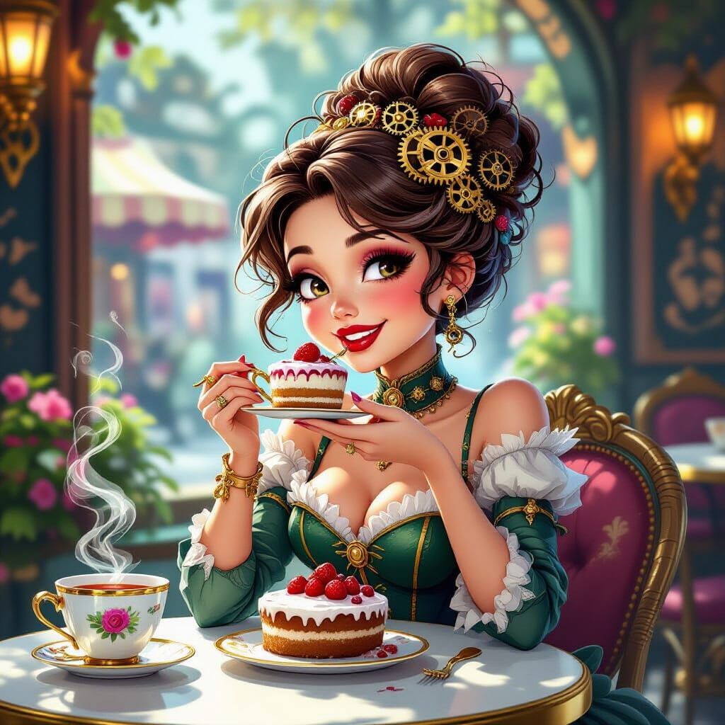 Steampunk Lady Enjoys Cake and Tea in Whimsical Cafe