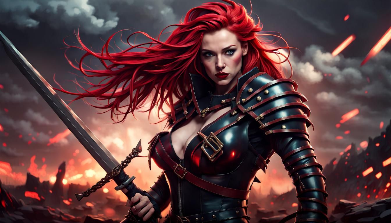 Crimson Haired Cat-Woman Warrior on Battlefield