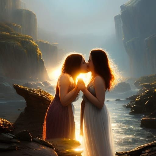 Two Women Kissing with Engagement Ring