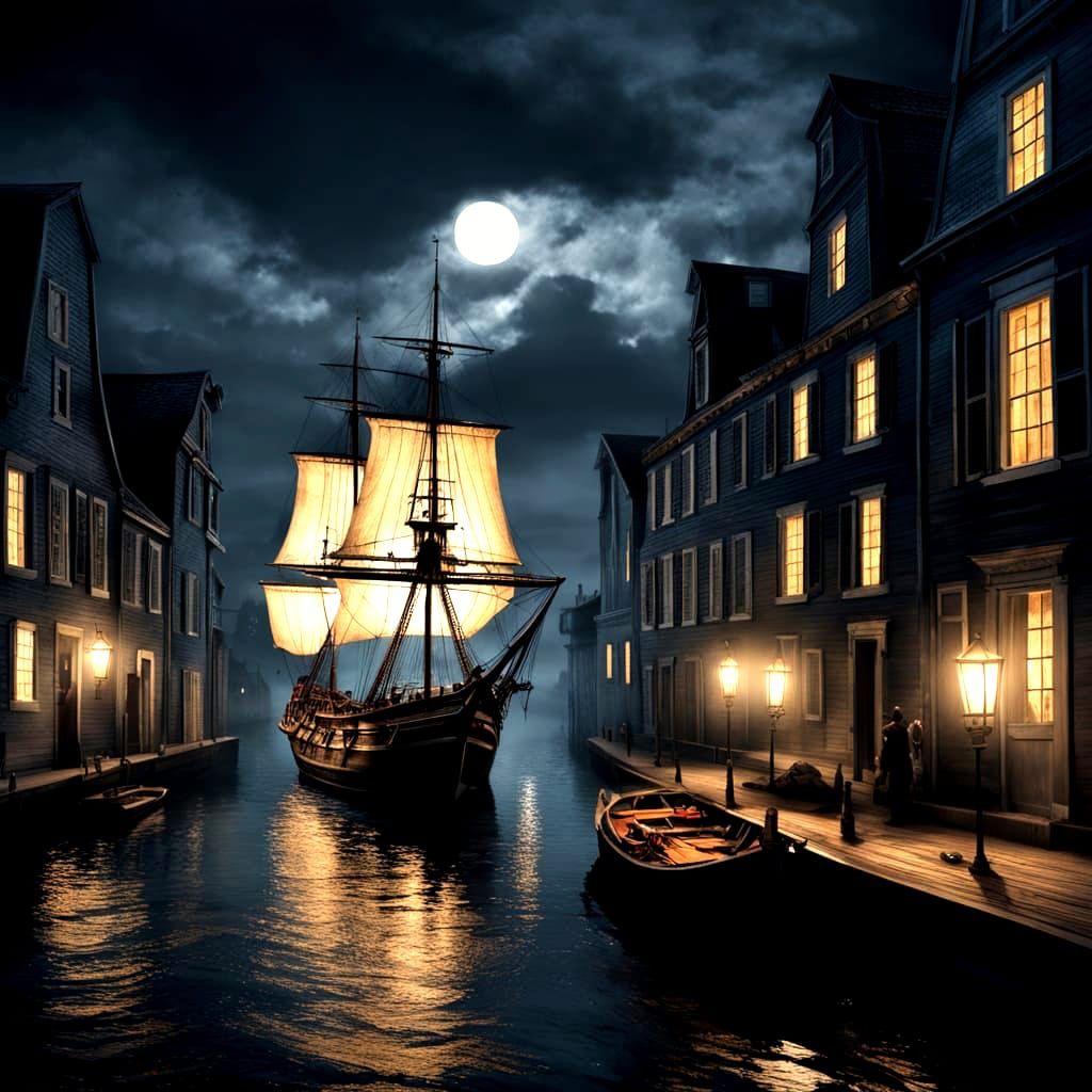 18th Century Frigate Approaches Colonial Town at Night