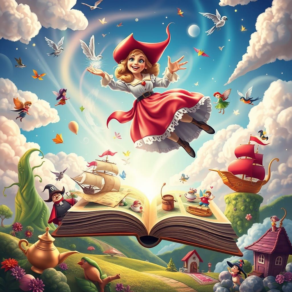 Mother Goose Flies Through Candyland Sky with Fairytale Char...