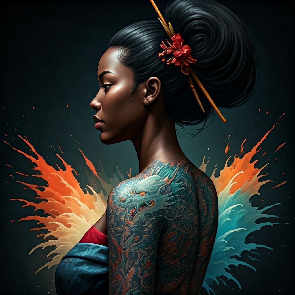 Black Geisha with Dragon Tattoo, Hyperrealistic Concept Art
