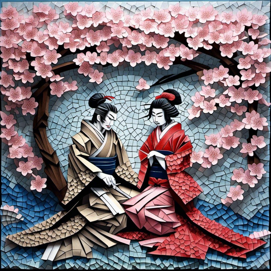 Cherry Blossom Origami Mosaic: Ronin and Geisha in Love