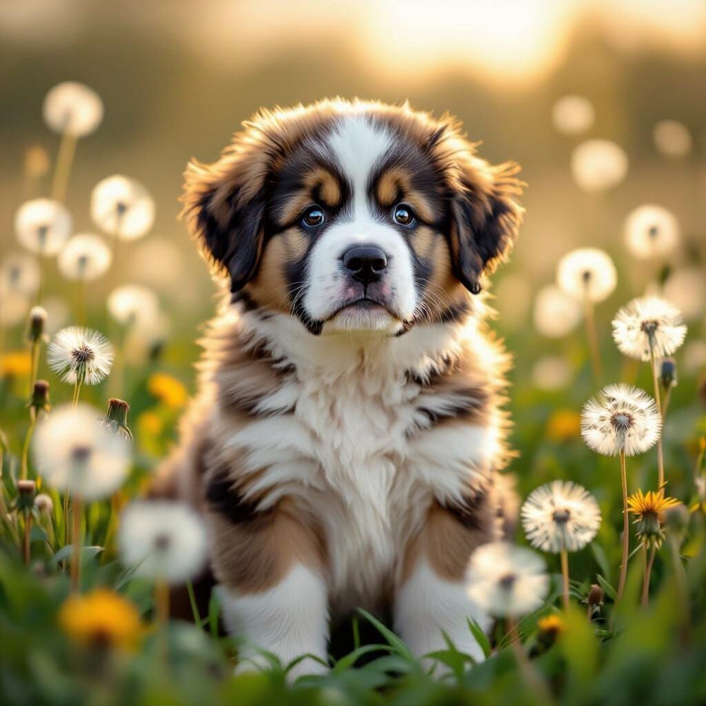 Fluffy St. Bernard Puppy in Dew-Kissed Dandelion Field