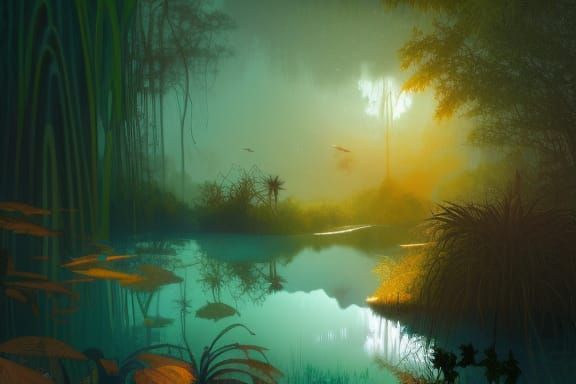 Twilight Jungle Lagoon with Shimmering Stars