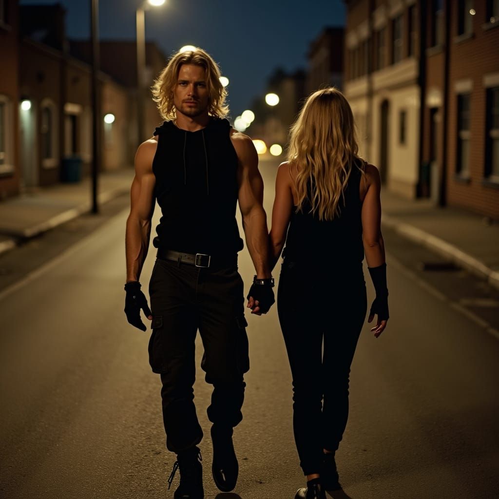 Muscular Young Man Walks Hand in Hand with Girlfriend in Dar...