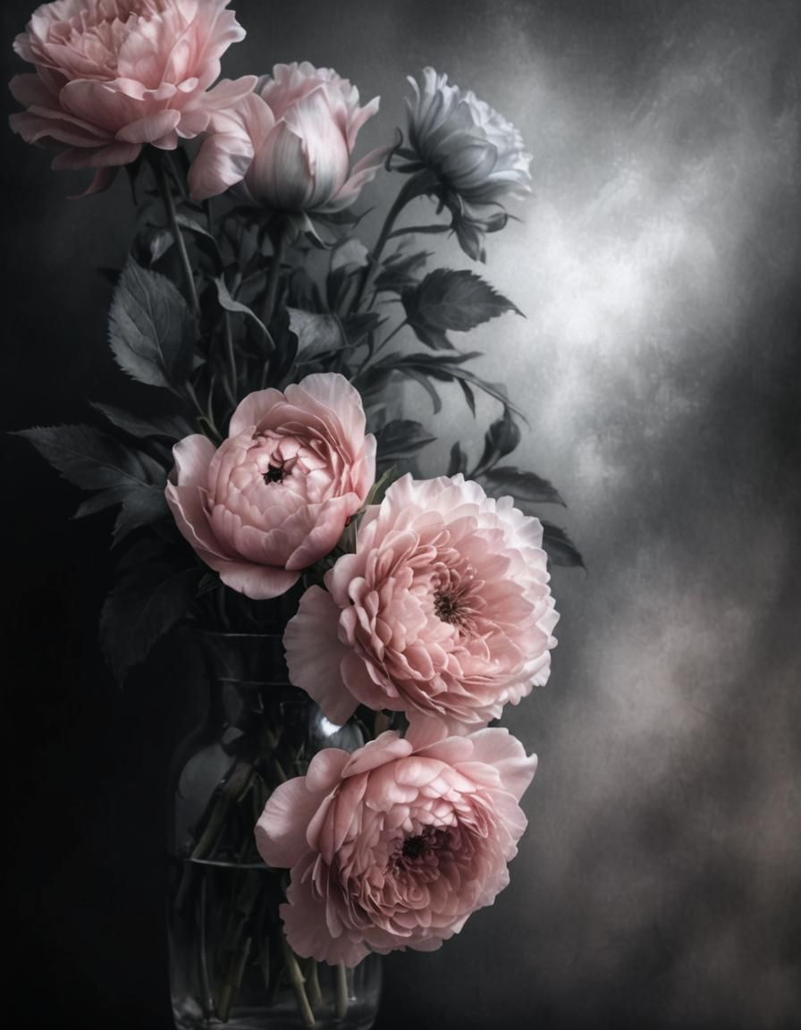 Hyper-Realistic Charcoal Drawing of Delicate Flower Bouquet