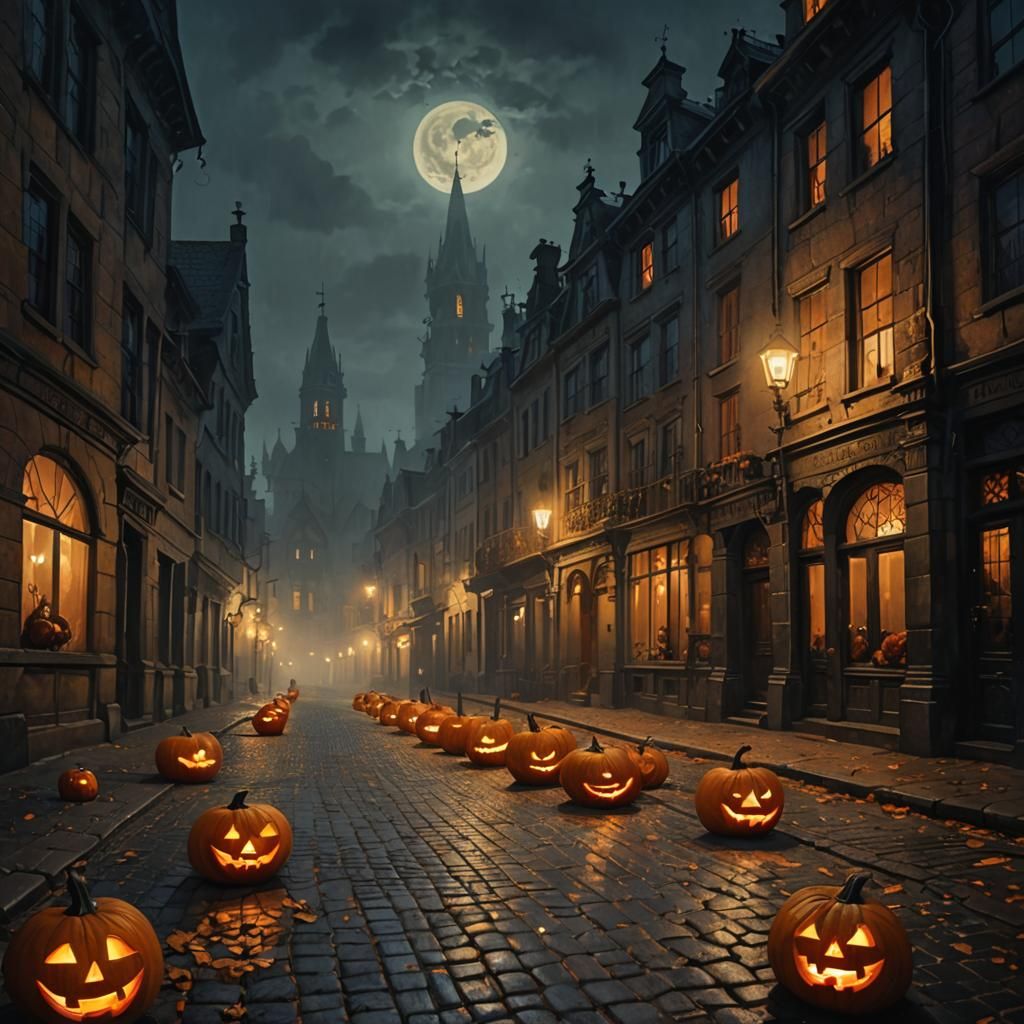 Foggy Victorian Cityscape with Jack-o'-Lanterns as Oil Paint...