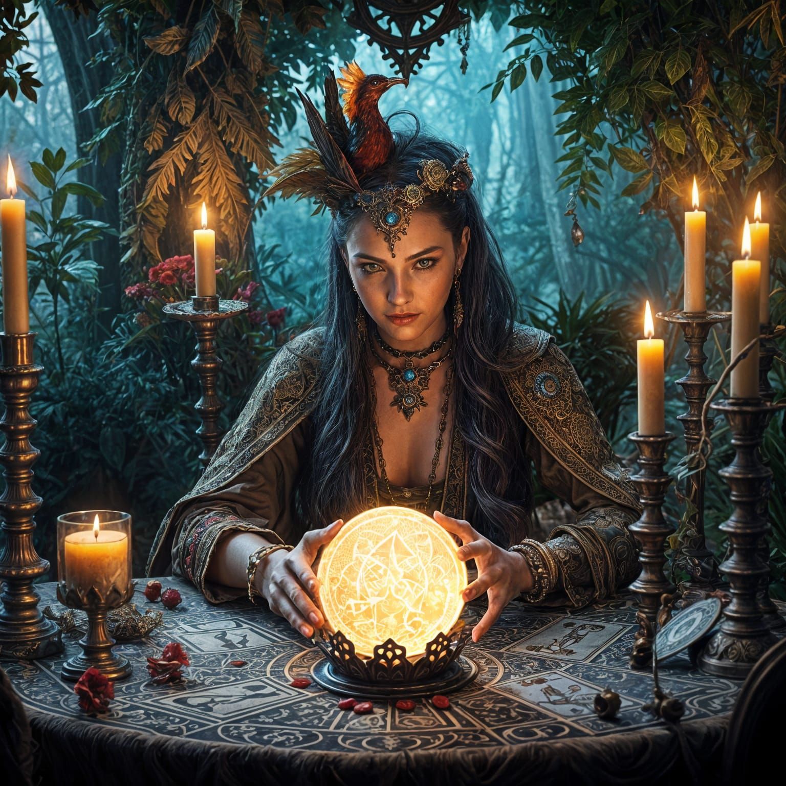 Mystical Tarot Reader with Phoenix: Detailed Matte Painting