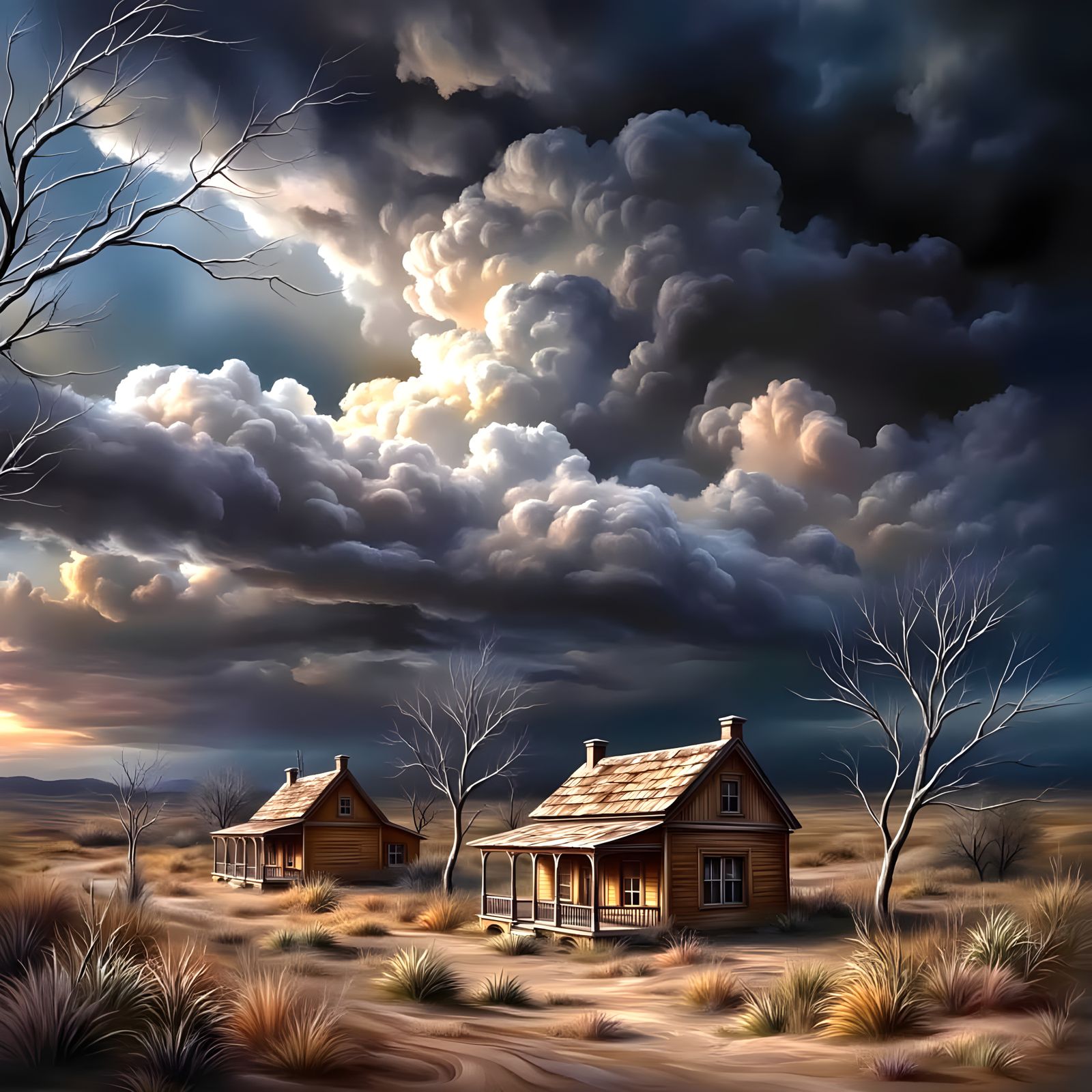 Moonlit Ghost Town in Stormy Skies